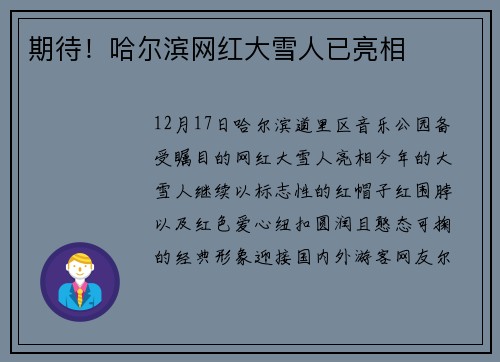 期待！哈尔滨网红大雪人已亮相