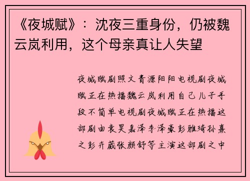 《夜城赋》：沈夜三重身份，仍被魏云岚利用，这个母亲真让人失望