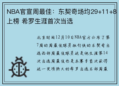 NBA官宣周最佳：东契奇场均29+11+8上榜 希罗生涯首次当选
