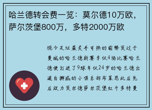 哈兰德转会费一览：莫尔德10万欧，萨尔茨堡800万，多特2000万欧
