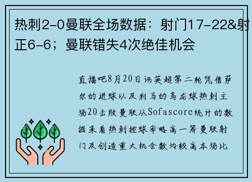 热刺2-0曼联全场数据：射门17-22&射正6-6；曼联错失4次绝佳机会