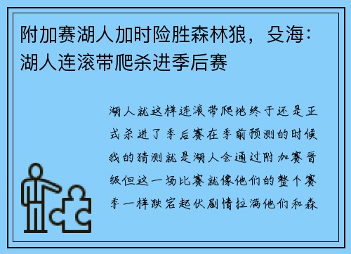 附加赛湖人加时险胜森林狼，殳海：湖人连滚带爬杀进季后赛