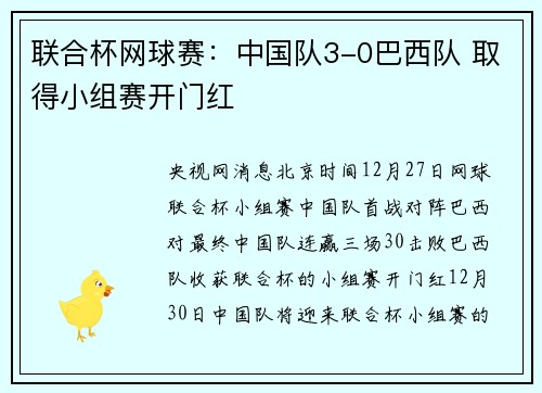 联合杯网球赛：中国队3-0巴西队 取得小组赛开门红